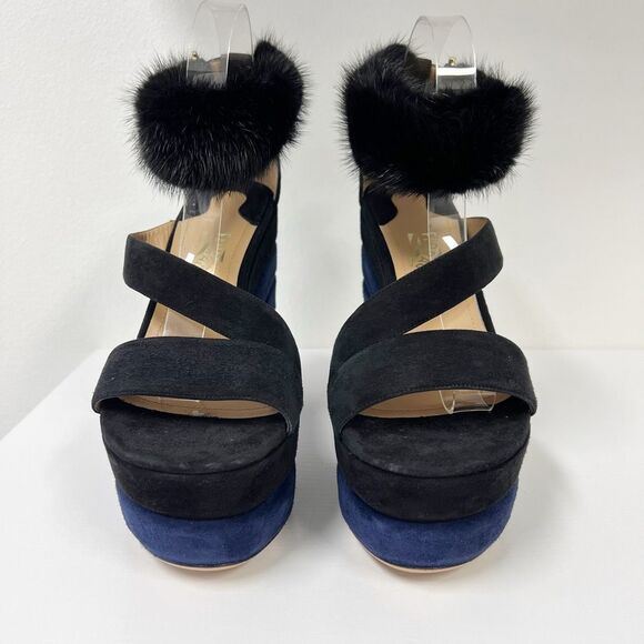 Salvatore Ferragamo Wrap Around Colorblock Suede Leather Heels 11 Mink Fur - Picture 3 of 9